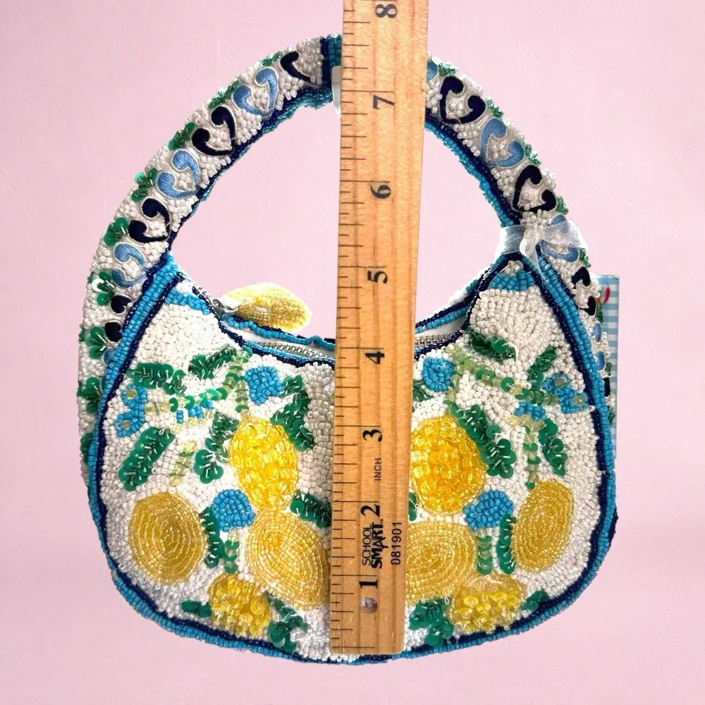 Handcrafted In India Lemon Beaded Tote Top Handle Bag Satchel Iridescent New